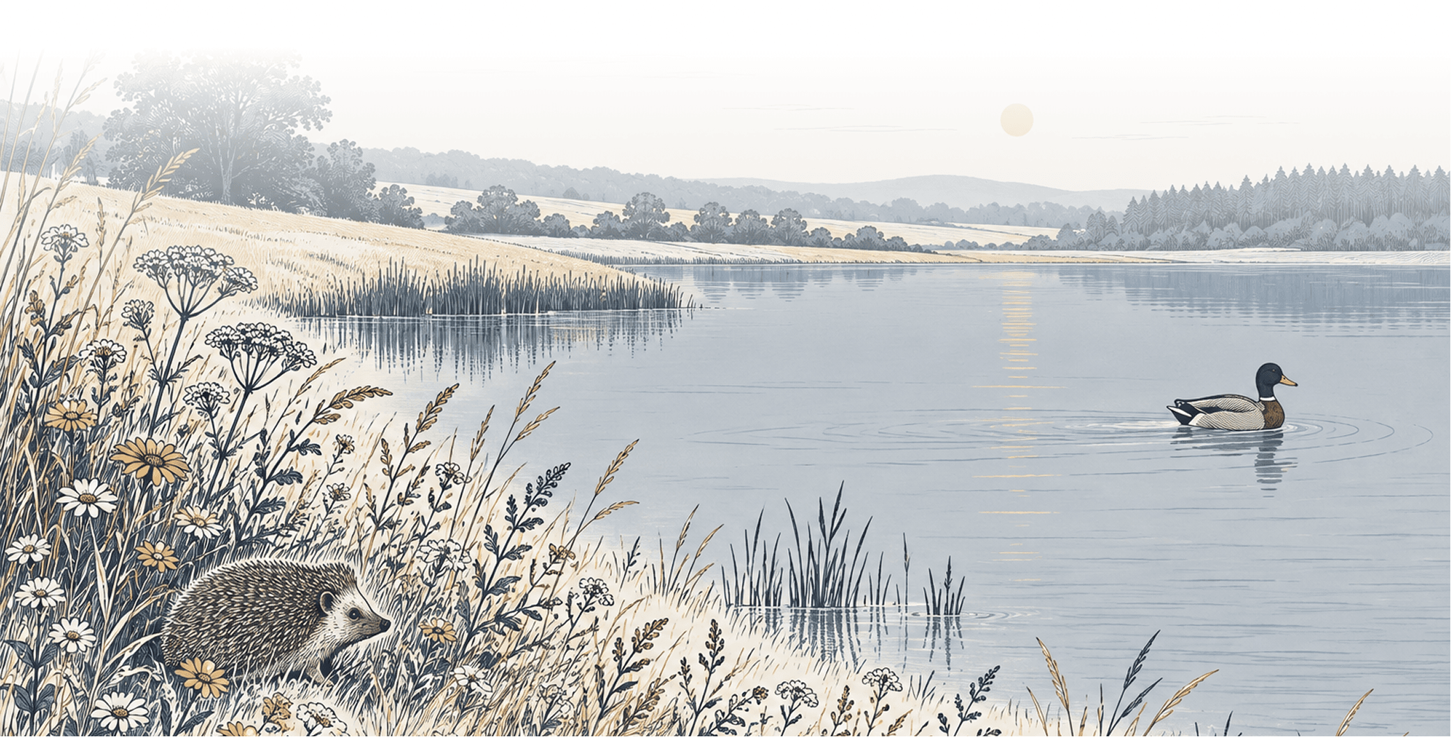 A hedgehog among lakeside flowers with a mallard swimming across the water.